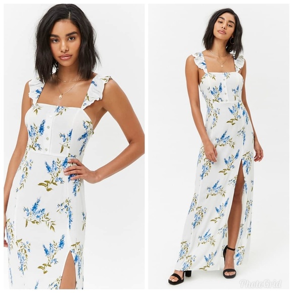 white maxi dress with blue flowers